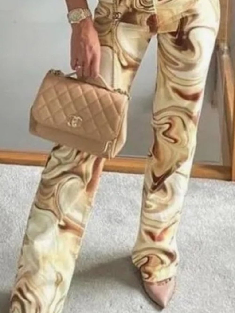 Zara Marble-Print Wide Leg Jeans in Cream and Brown Swirl